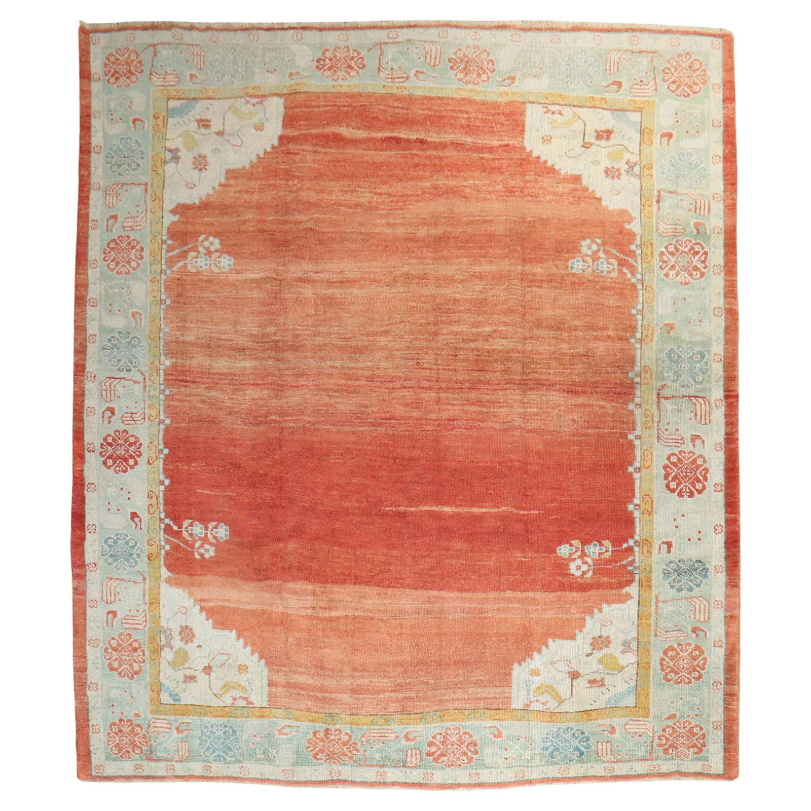 Antique Turkish Oushak Hand-Woven Wool Square Rug 8'10 x 10': Antique Turkish Oushak Hand-Woven Wool Square Rug 8'10 x 10' This exquisite early 20th-century Turkish Oushak square rug showcases a stunning array of traditional patterns and rich colors, making it a