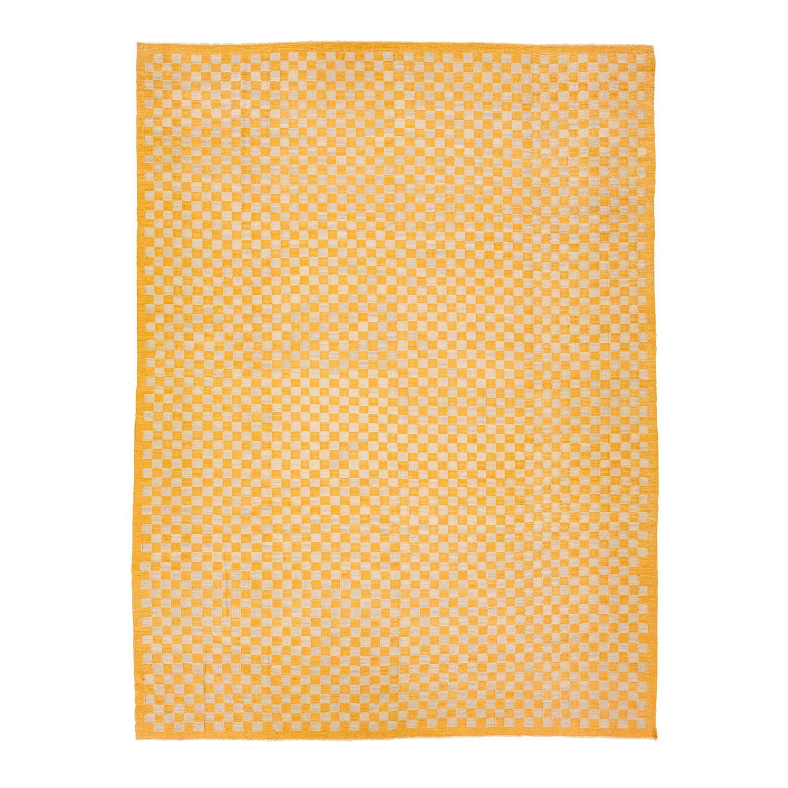 Vintage Kilim Wool Rug 10'7 x 14'3 Goldenrod Checker Pattern: Vintage Kilim Wool Rug 10'7 x 14'3 Goldenrod Checker Pattern This stunning Mid-Century vintage Kilim rug showcases a beautiful goldenrod checker pattern against a vibrant peach and orange color field.