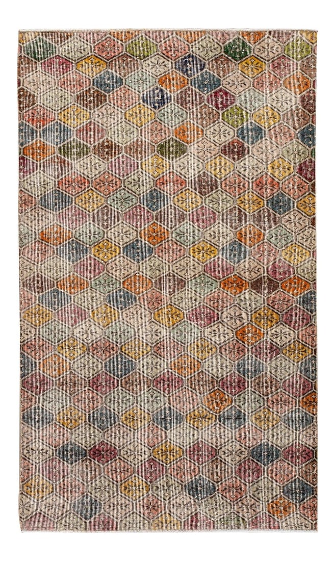 Vintage Turkish Hand-Knotted Wool Rug 3'6 x 6'1 Multi-Color Geometric: Vintage Turkish Hand-Knotted Wool Rug 3'6 x 6'1 Multi-Color Geometric Enhance your space with this exquisite Vintage Turkish Scatter Wool Rug, meticulously hand-knotted from high-quality wool. The rug