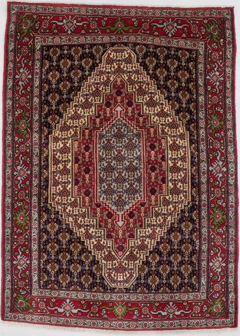 Hand-Knotted Wool Tribal Geometric Rug 4'0 x 5'8 Vintage Western Asia: Hand-Knotted Wool Tribal Geometric Rug 4'0 x 5'8 Vintage Western Asia This handmade vintage area rug features a tribal geometric pattern crafted from wool. The rug is hand-knotted and dates from the 1