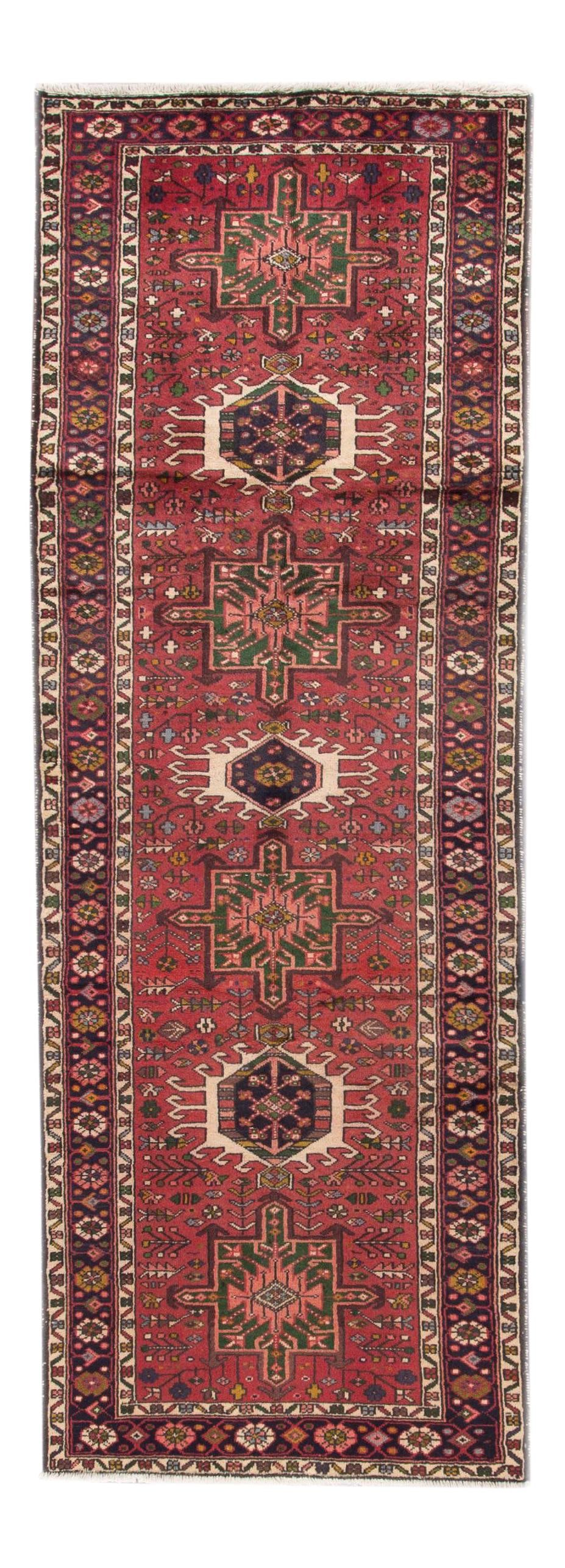 Antique Heriz Handmade Wool Runner Red Geometric 3'3 x 9'8: Antique Heriz Handmade Wool Runner Red Geometric 3'3 x 9'8 Enhance your space with this stunning Vintage Heriz Handmade Wool Runner, featuring a vibrant all-over red field adorned with multi-color acc
