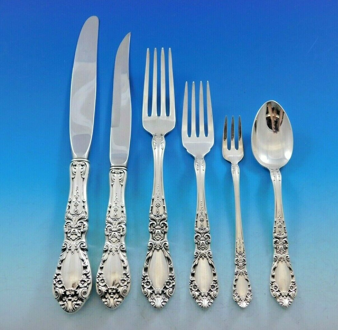 Alvin Prince Eugene Sterling Silver Flatware Set for 12 76 pcs with Storage Chest: Alvin Prince Eugene Sterling Silver Flatware Set for 12 76 pcs with Storage Chest Experience elegance with the Prince Eugene Sterling Silver Flatware Set by Alvin, crafted for a dinner service of 12.