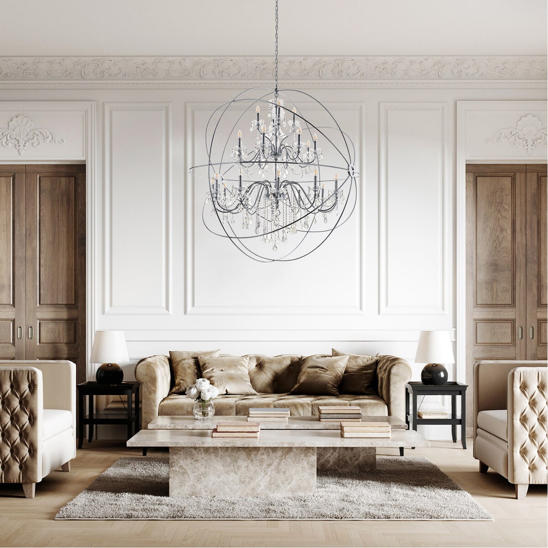 Cordelia 24-Light Chrome Crystal Globe Chandelier for Dining Room 59 Inch: Cordelia 24-Light Chrome Crystal Globe Chandelier for Dining Room 59 Inch This modern 24-light chandelier features a chrome metal orb frame adorned with clear Royal Cut crystals, offering a striking a