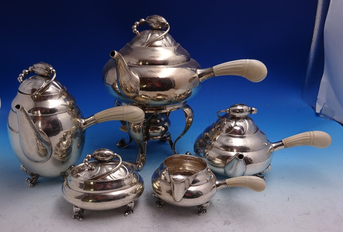 Five-Piece Sterling Silver Blossom Coffee and Tea Set with Kettle by Georg Jensen (1 of 18)