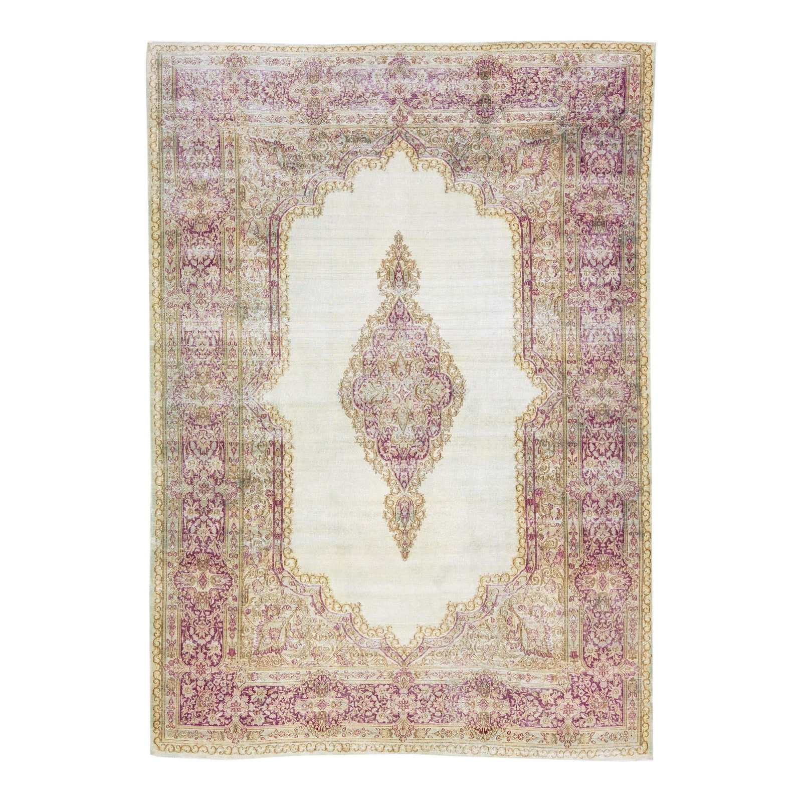 1960s Handmade Persian Medallion Ivory Wool Rug 7'10 x 11: 1960s Handmade Persian Medallion Ivory Wool Rug 7'10 x 11 This exquisite vintage Persian rug features a distressed hand-knotted design crafted from high-quality wool. The ivory color field is beautifu