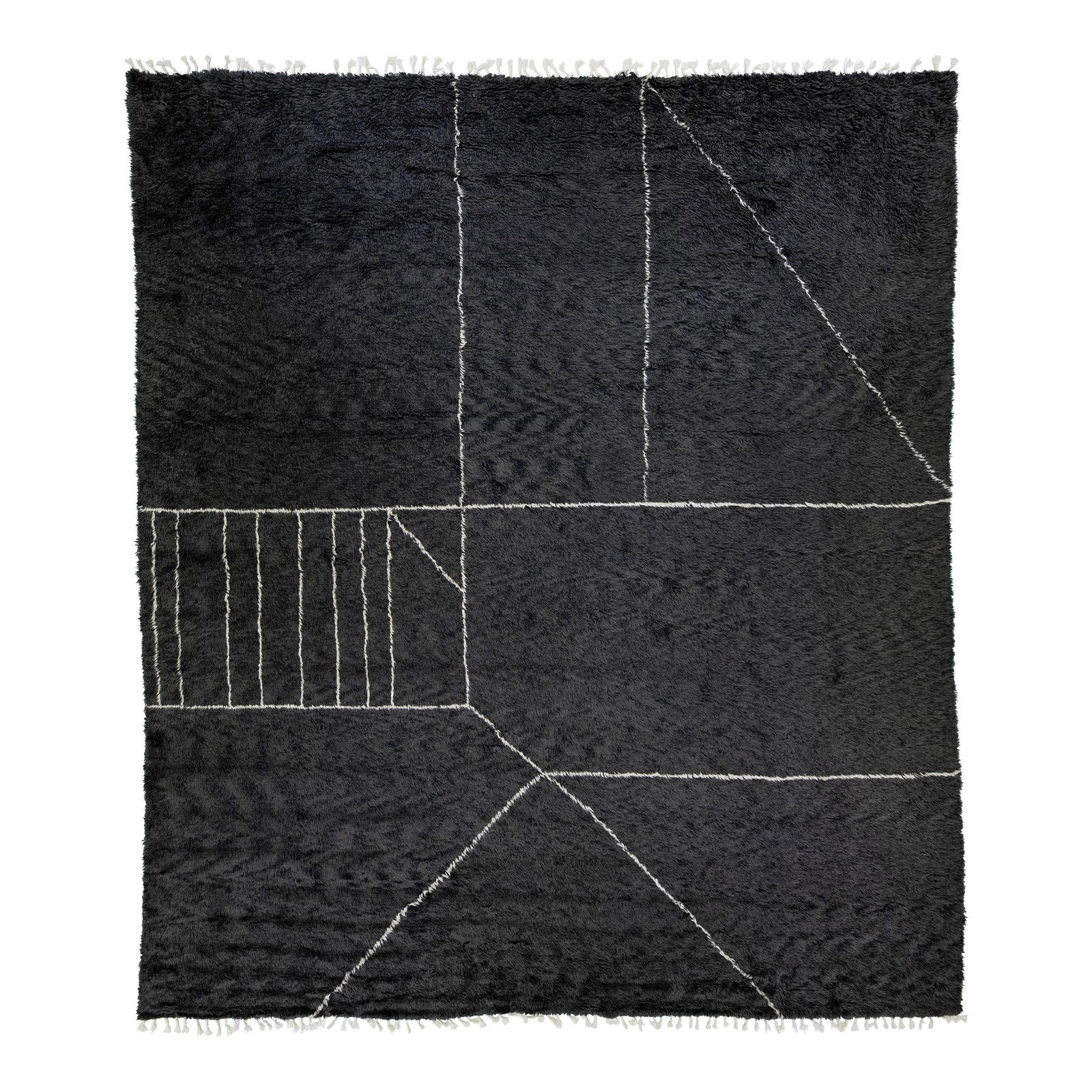 Oversize Moroccan Wool Rug Geometric Abstract Design 14'5 x 16'8: Oversize Moroccan Wool Rug Geometric Abstract Design 14'5 x 16'8 This stunning modern Moroccan style rug features a hand-knotted design crafted from luxurious wool. The rug showcases a striking black