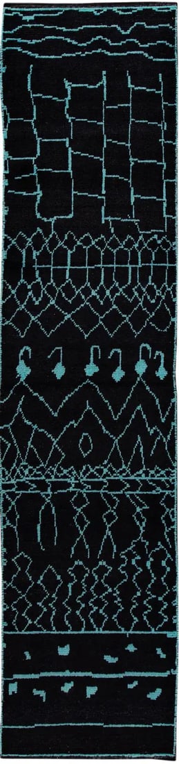 Hand-Knotted Black Teal Moroccan Wool Runner Rug 2'11 x 13'4: Hand-Knotted Black Teal Moroccan Wool Runner Rug 2'11 x 13'4 Enhance your living space with this stunning contemporary Moroccan style runner rug. Crafted from hand-knotted wool, it features a striking