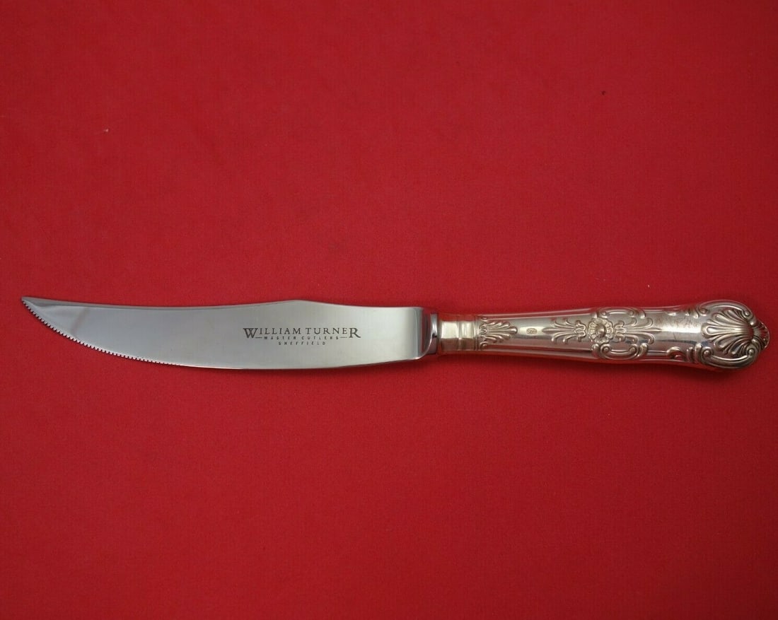 William Turner Queens Sterling Silver Steak Knife 8.5 Inch Antique: William Turner Queens Sterling Silver Steak Knife 8.5 Inch Antique This exquisite steak knife features a stunning hollow handle crafted from sterling silver, complemented by a durable stainless blade.