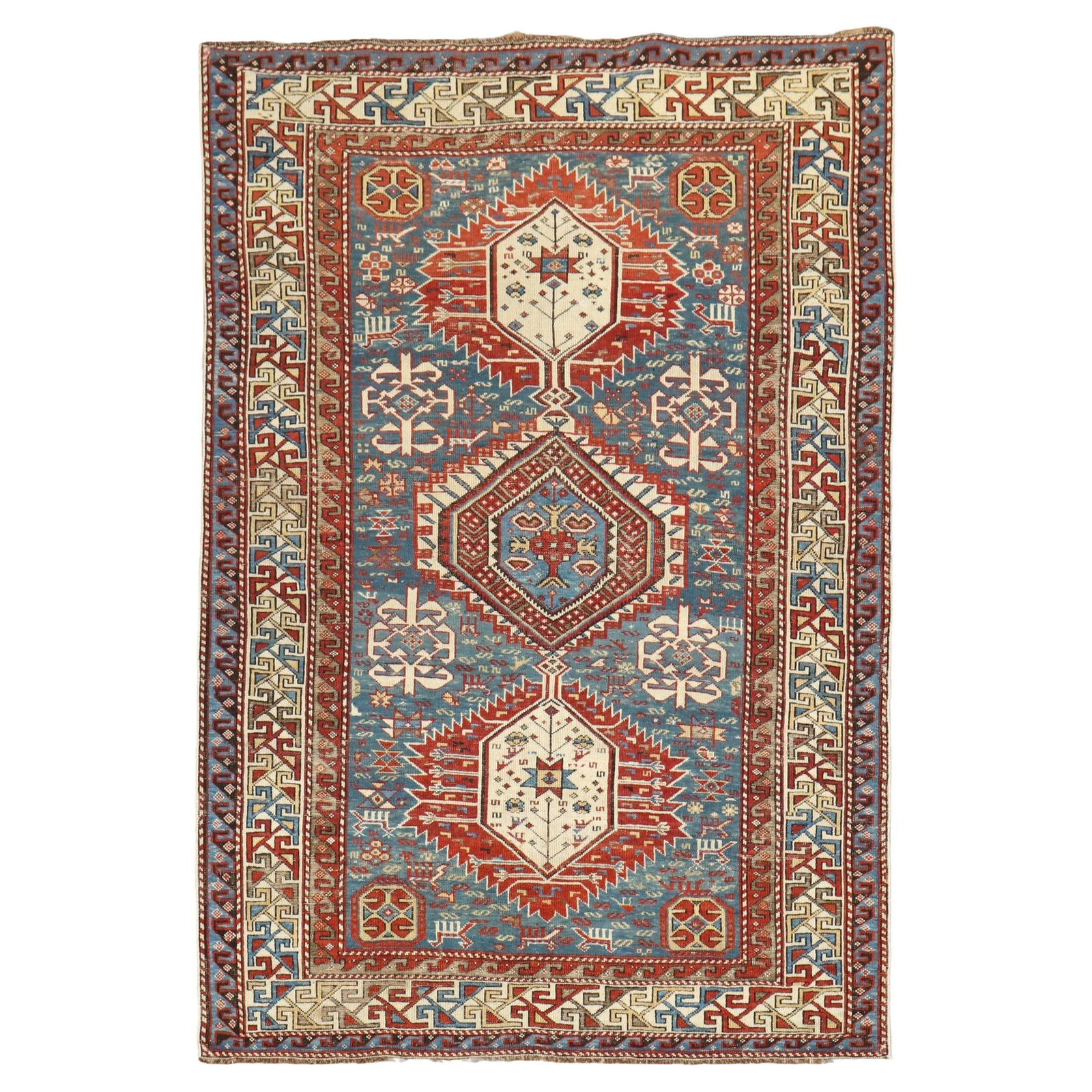 19th Century Kazak Tribal Shirvan Rug Sky Blue Wool Hand-Knotted: 19th Century Kazak Tribal Shirvan Rug Sky Blue Wool Hand-Knotted Discover an exquisite late 19th century Tribal Antique Caucasian Shirvan rug, featuring a striking large-scale geometric pattern set ag