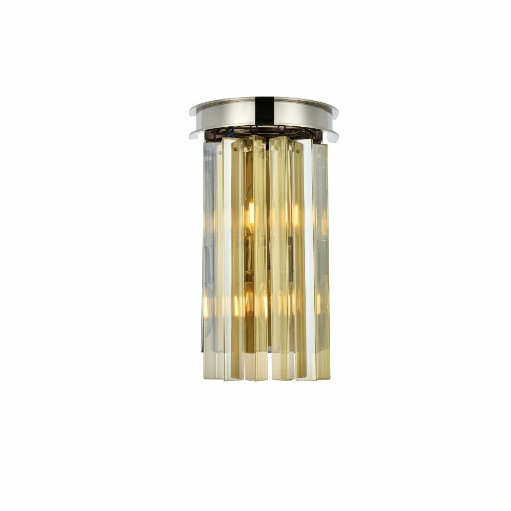 Sydney 2-Light Polished Nickel and Golden Teak Crystal Wall Sconce 14" x 8": Sydney 2-Light Polished Nickel and Golden Teak Crystal Wall Sconce 14" x 8" This modern wall sconce features a polished nickel finish with golden teak royal cut crystals, providing an elegant lighting