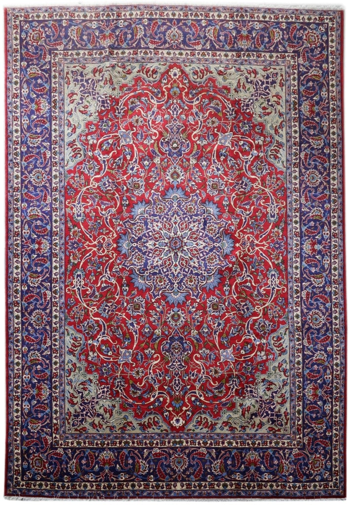 Handcrafted 11.3 x 16.3 Red Persian Isfahan Area Rug: Handcrafted 11.3 x 16.3 Red Persian Isfahan Area Rug Free continental US Shipping Transform your interior with the timeless elegance of this 11.3 x 16.3 Red Persian Isfahan Rug. Handcrafted by skilled