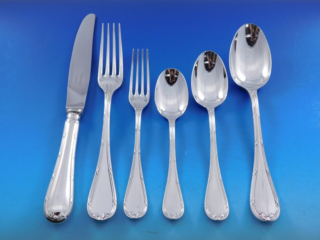 Christofle Rubans Silverplate Flatware Set 51 Pieces France: Christofle Rubans Silverplate Flatware Set 51 Pieces France This exquisite Rubans silverplate flatware service set by Christofle features 51 meticulously crafted pieces, perfect for elegant dining occ