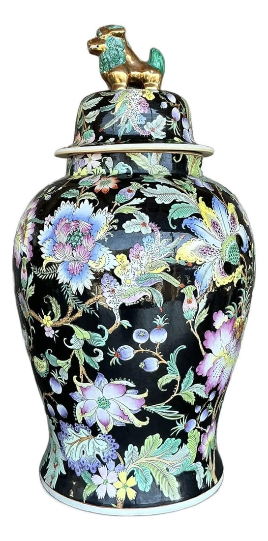 Vintage Asian Floral Ginger Jar with Golden Foo Dog Finial: Vintage Asian Floral Ginger Jar with Golden Foo Dog Finial Elevate your decor with this stunning vintage Asian floral ginger jar, a perfect blend of heritage and artistry. This exquisite lidded porcel