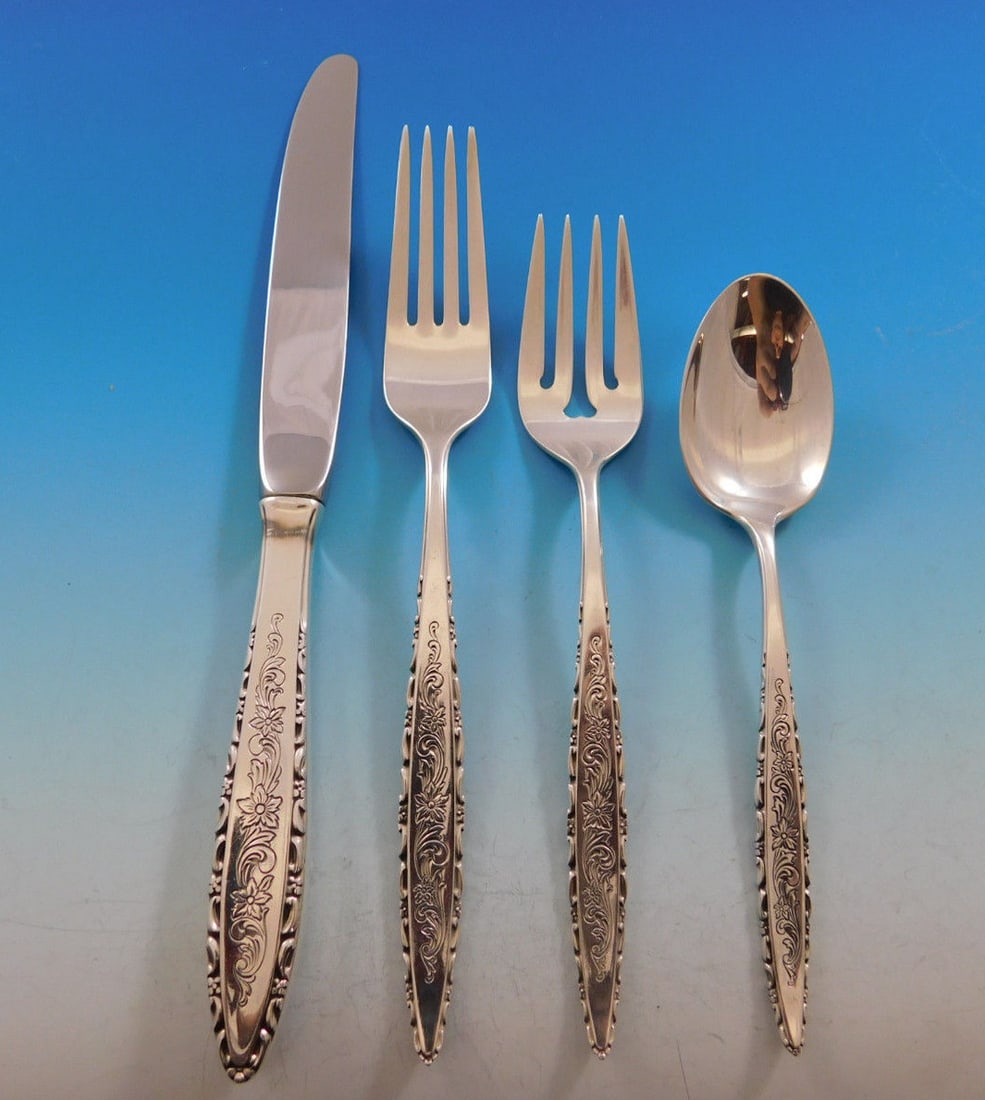 Lunt Floral Lace Sterling Silver Flatware Set for 12 54 Pieces with Storage Chest: Lunt Floral Lace Sterling Silver Flatware Set for 12 54 Pieces with Storage Chest Enhance your dining experience with the Floral Lace Sterling Silver Flatware Set, crafted by Lunt. This elegant set, d