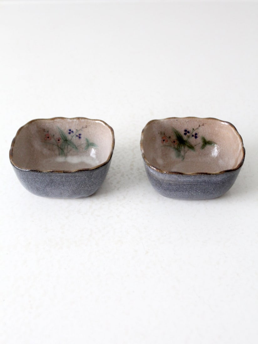 Artisan Vintage Square Pottery Bowls Pair with Floral Motifs (1 of 12)
