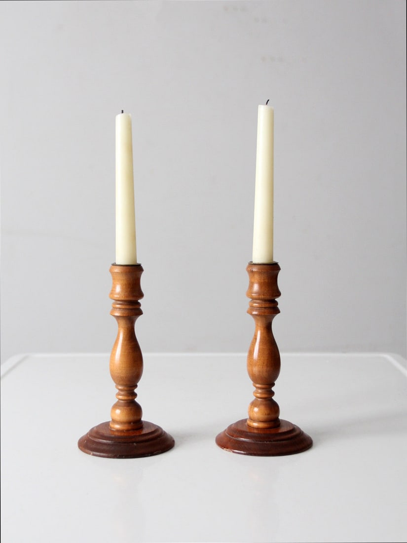 Pair of Turned Wood Candlestick Holders with Brass Candle Cups (1 of 10)