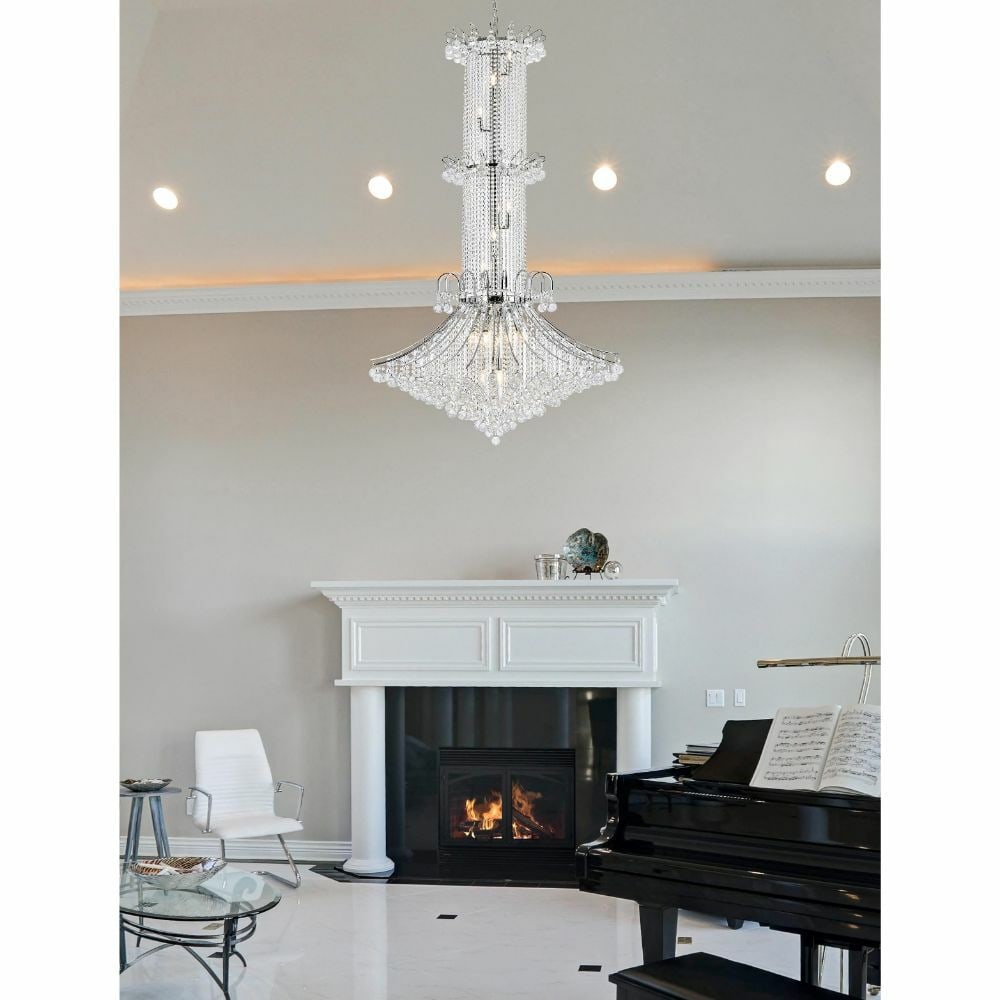 Toureg 20 Light Empire Chandelier With Chrome Finish and Crystal Accents 72 Inch Height: Toureg 20 Light Empire Chandelier With Chrome Finish and Crystal Accents 72 Inch Height This large chandelier features a modern empire style with a chrome-plated frame and royal cut clear crystal ball