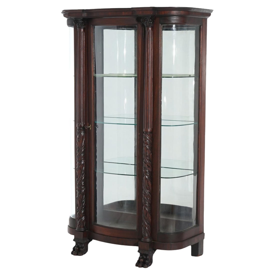 Antique Second Empire Mahogany China Cabinet Curved Glass C1890: Antique Second Empire Mahogany China Cabinet Curved Glass C1890 This exquisite diminutive china cabinet, dating back to the Second Empire period circa 1890, is a stunning example of American Empire st
