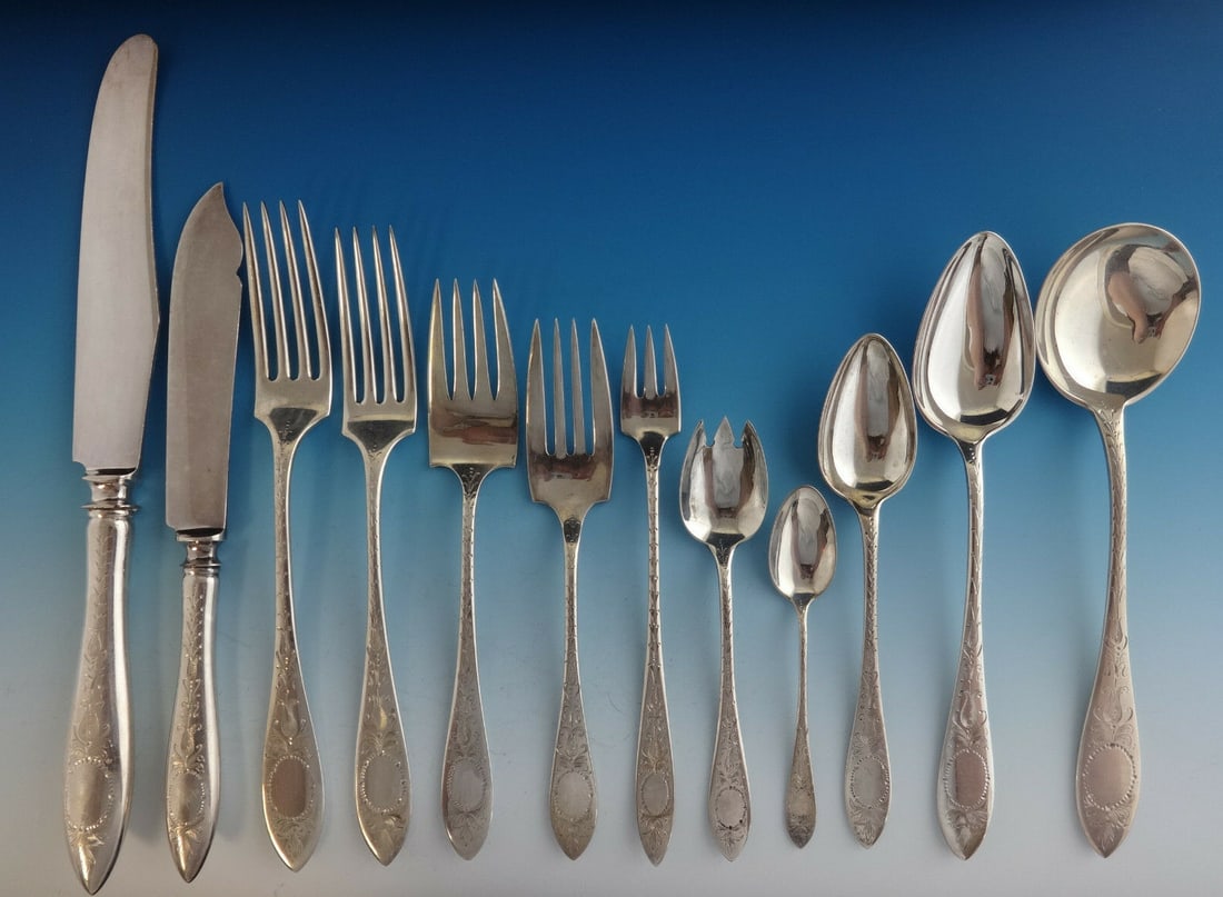 Towle Lafayette Sterling Silver Flatware Set 110 Pieces with Vintage Chest: Towle Lafayette Sterling Silver Flatware Set 110 Pieces with Vintage Chest This exquisite Lafayette Engraved Sterling Silver Flatware Set by Towle includes 110 meticulously crafted pieces, showcasing