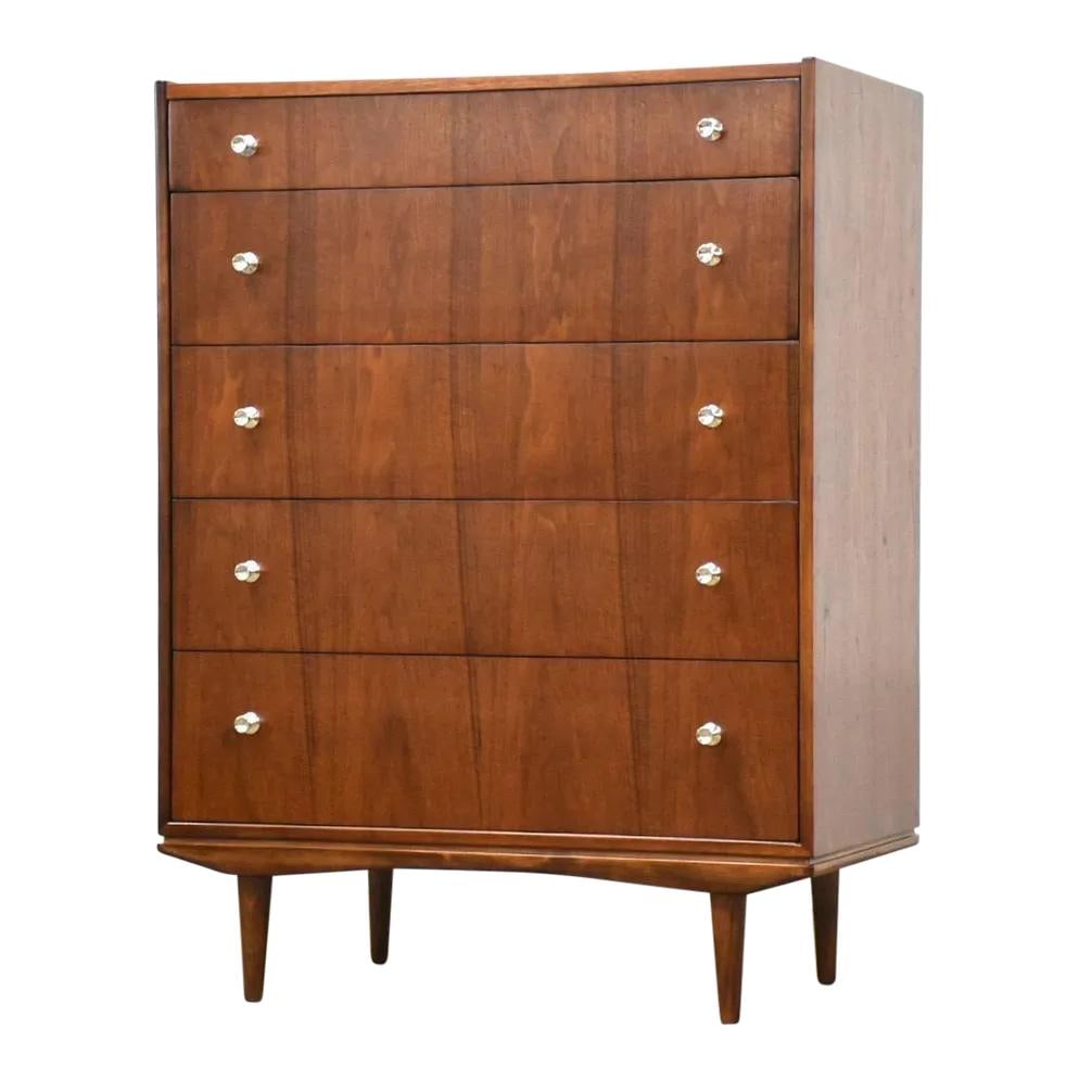 Mid Century Walnut Tall Dresser by Morganton with Chrome Knobs: Mid Century Walnut Tall Dresser by Morganton with Chrome Knobs This striking mid-century modern tall dresser showcases exquisite craftsmanship with its refined walnut finish and cascading veneer desig