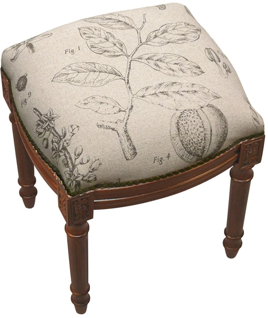 Victorian Style Vanity Stool with Brass Nailheads and Linen Upholstery: Victorian Style Vanity Stool with Brass Nailheads and Linen Upholstery This vintage-style vanity stool exudes elegance with its Victorian design and hand-applied brass nailhead details. Crafted with a