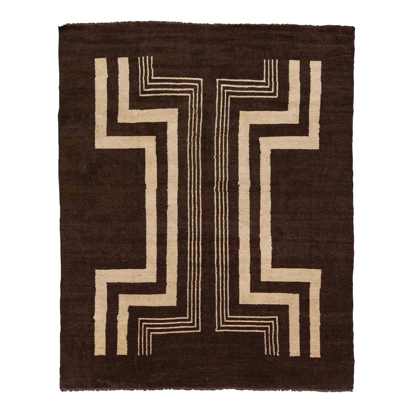 Art Deco Handmade Tribal Motif Brown Wool Rug 7'3 x 9': Art Deco Handmade Tribal Motif Brown Wool Rug 7'3 x 9' Enhance your home decor with this stunning Modern Art Deco handmade wool rug from our Northwest collection. Featuring a rich brown color field co