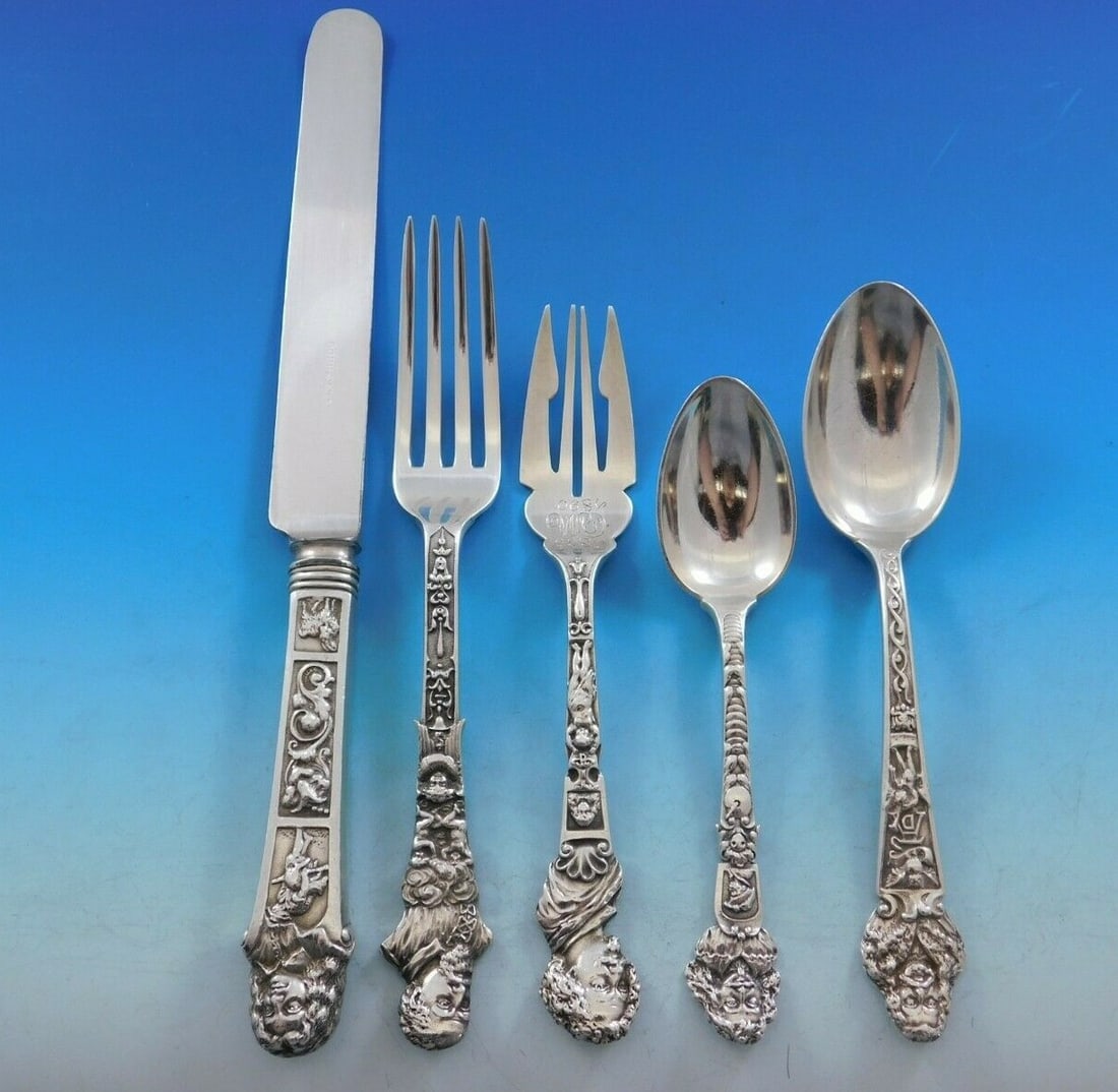 Gorham Old Masters Sterling Silver 58 Piece Flatware Set by Antoine Heller: Gorham Old Masters Sterling Silver 58 Piece Flatware Set by Antoine Heller Discover the exquisite beauty of the Old Masters Sterling Silver Flatware Service by Gorham, a remarkable dinner set that sho