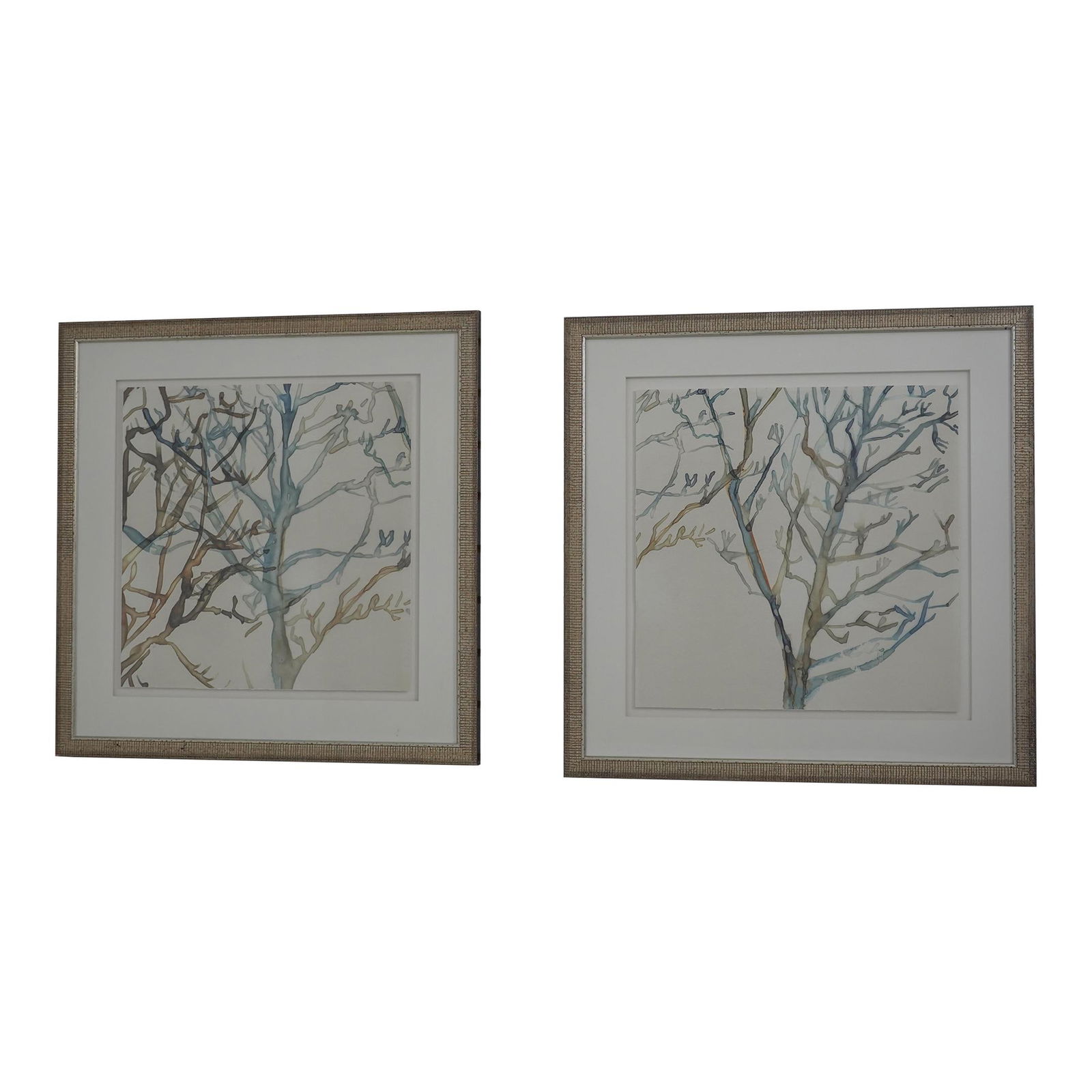 Pair of Framed Modern Watercolors of Trees in Silver Finish (1 of 10)