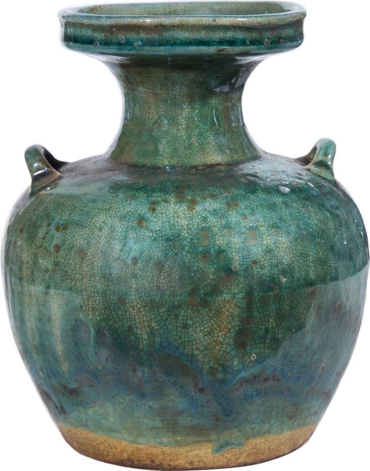 Hand-Crafted Asian Antique Style Speckled Green Ceramic Vase: Hand-Crafted Asian Antique Style Speckled Green Ceramic Vase This stunning speckled green ceramic vase showcases a hand-crafted design with a unique double ear shape, reflecting the elegance of Asian