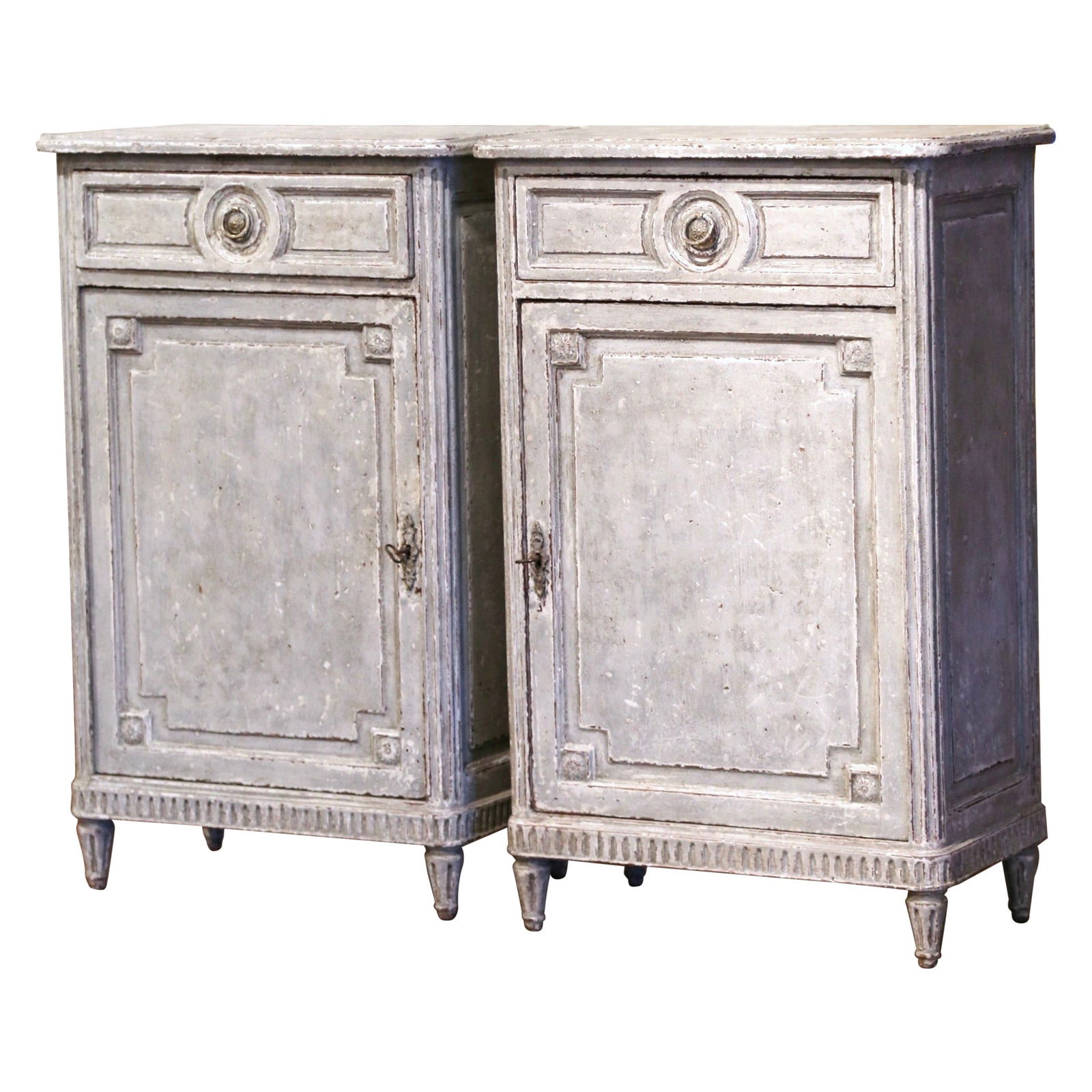 19th Century Louis XVI Hand-Painted Oak Jelly Cabinets Set of 2: 19th Century Louis XVI Hand-Painted Oak Jelly Cabinets Set of 2 This exquisite pair of 19th Century French Louis XVI carved hand-painted jelly cabinets, also known as "Confituriers," showcases impecca