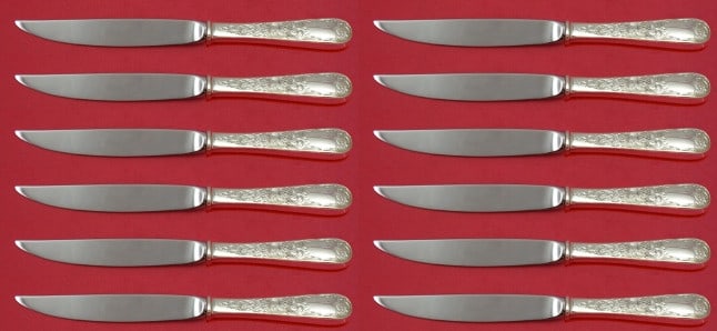 Kirk Old Maryland Engraved Sterling Silver Steak Knife Set 12 pcs 8": Kirk Old Maryland Engraved Sterling Silver Steak Knife Set 12 pcs 8" This exquisite set of 12 steak knives features the Old Maryland Engraved pattern by Kirk, crafted from high-quality sterling silver