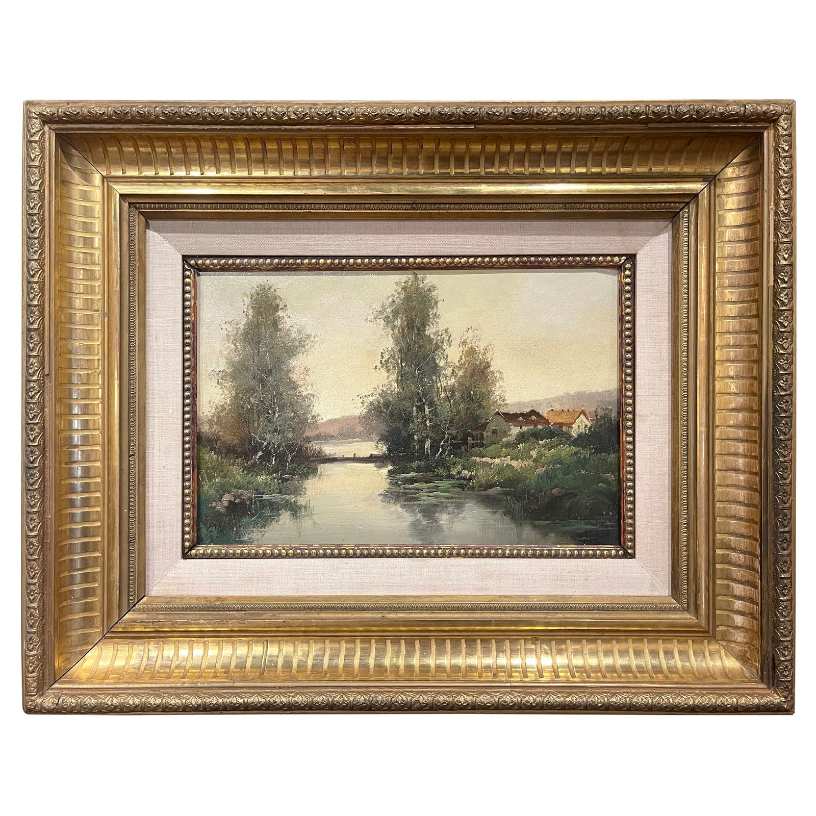 19th Century French Landscape Painting by L. Dupuy, Giltwood Frame: 19th Century French Landscape Painting by L. Dupuy, Giltwood Frame This exquisite 19th-century French landscape painting, signed L. Dupuy (a pseudonym of Eugene Galien-Laloue), showcases a tranquil co