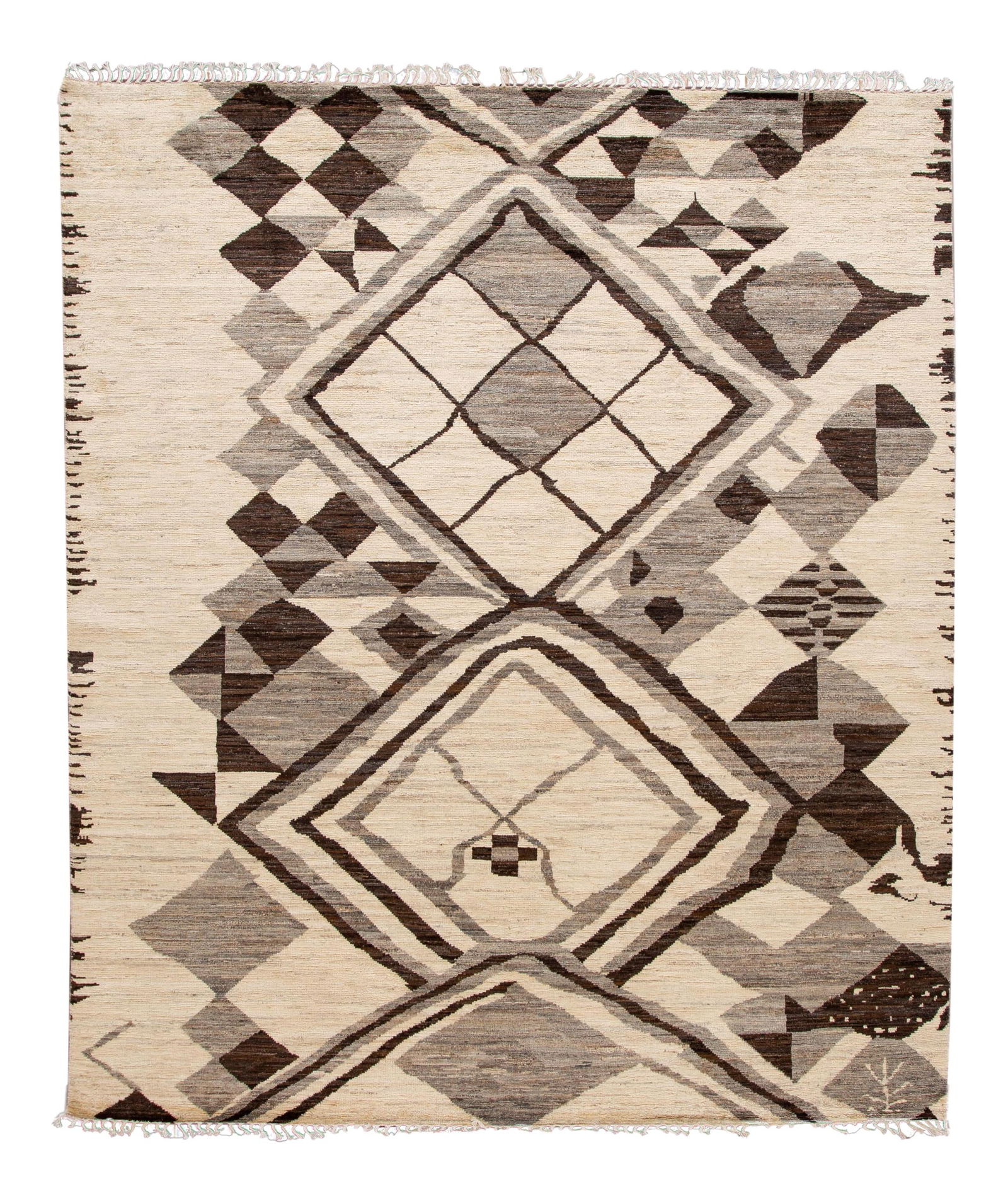 Moroccan-Style Hand-Knotted Wool Rug 8'4 x 9'9 Beige Abstract Design: Moroccan-Style Hand-Knotted Wool Rug 8'4 x 9'9 Beige Abstract Design Enhance your living space with this stunning Moroccan-style hand-knotted wool rug. Featuring a beautiful beige field accented by gr