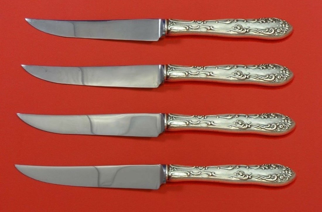 Towle Old English Sterling Silver Steak Knife Set 4pc Custom 8.5": Towle Old English Sterling Silver Steak Knife Set 4pc Custom 8.5" Enhance your dining experience with this exquisite 4-piece steak knife set from Towle, crafted in the timeless Old English pattern. Ea