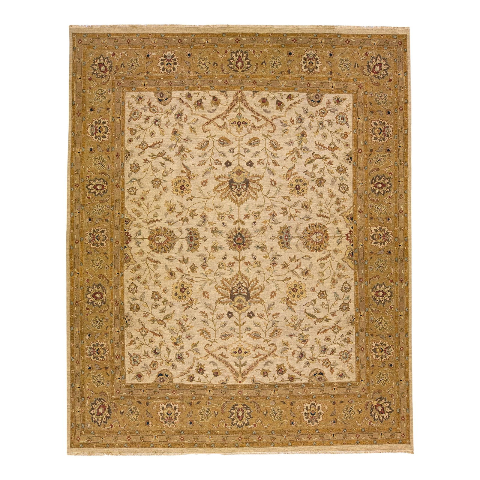 Oversize Beige Peshawar Handmade Wool Rug 12' x 14'10: Oversize Beige Peshawar Handmade Wool Rug 12' x 14'10 This stunning hand-knotted wool rug from Peshawar features a beautiful beige color field complemented by a brown designed frame. The all-over clas