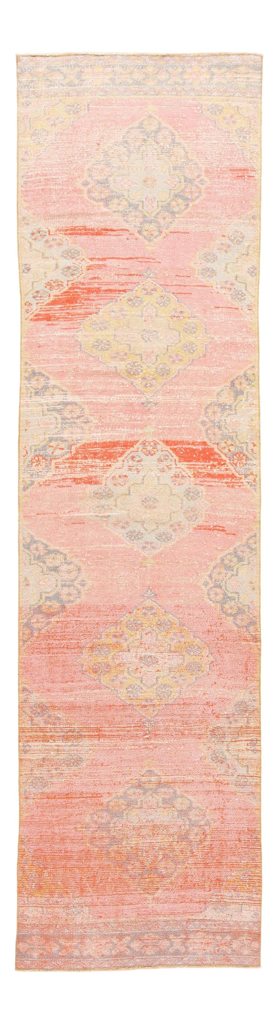Vintage Turkish Hand-Knotted Wool Runner 3' x 11'5' Shabby Chic Design: Vintage Turkish Hand-Knotted Wool Runner 3' x 11'5' Shabby Chic Design This exquisite vintage Turkish hand-knotted wool runner features a stunning pink-rose field, beautifully accented with shades of