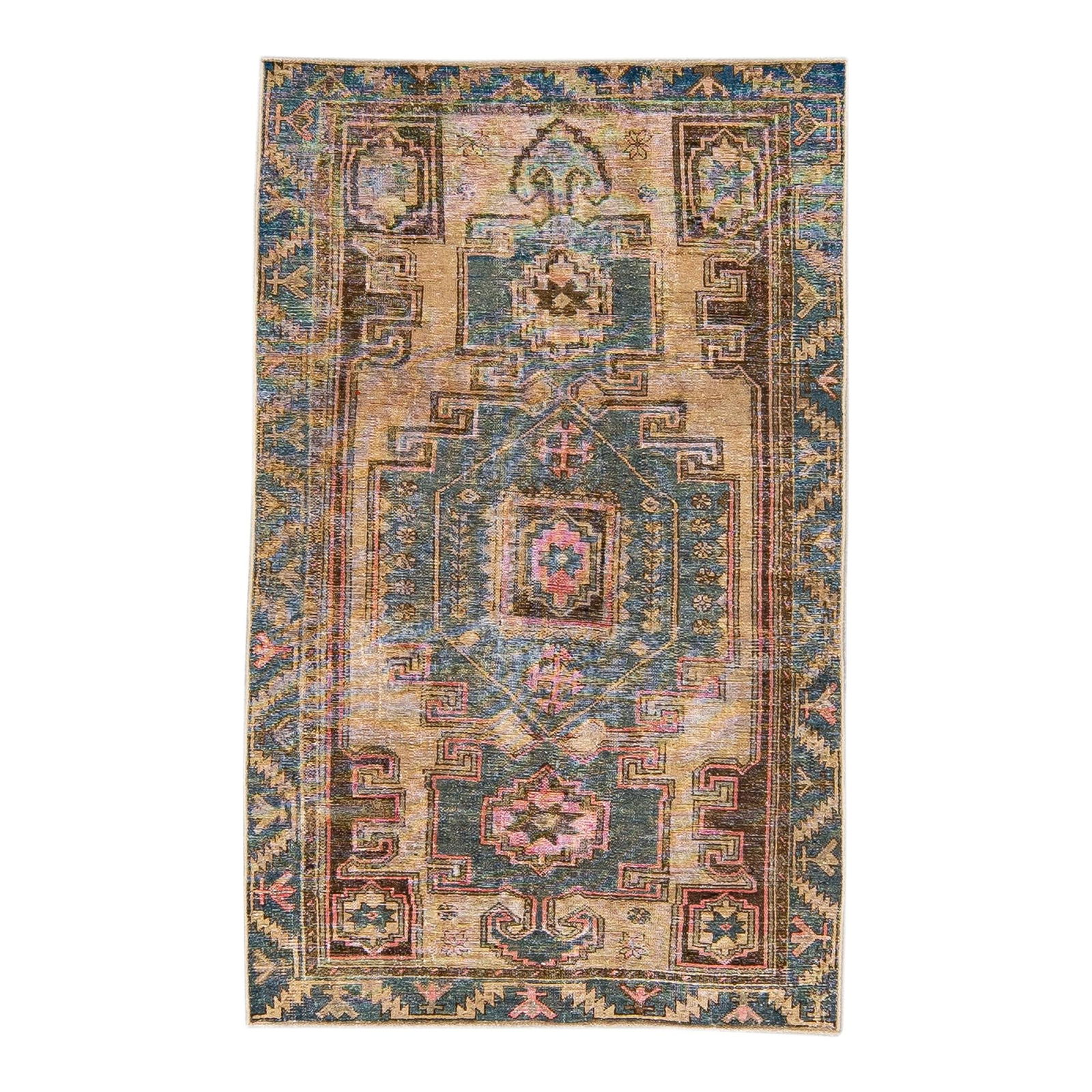 1960s Vintage Persian Handmade Tan Wool Rug with Teal Accents: 1960s Vintage Persian Handmade Tan Wool Rug with Teal Accents This stunning vintage Persian rug showcases a distressed design, hand-knotted from high-quality wool. The main field features a warm tan c