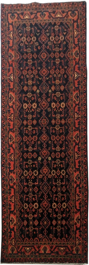 4' x 13' Smoky Black Persian Hamadan Runner Rug Handmade: 4' x 13' Smoky Black Persian Hamadan Runner Rug Handmade Free continental US Shipping Transform your space with this stunning 4' x 13' Smoky Navy Blue Persian Hamadan Area Runner Rug, meticulously han