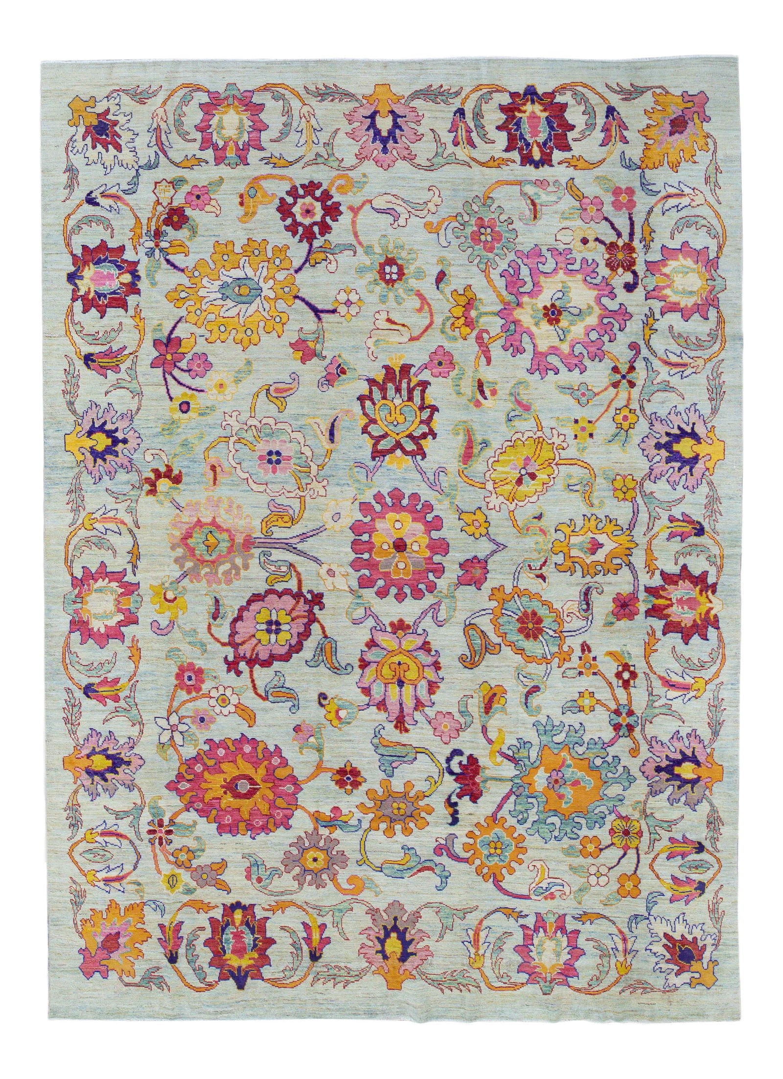 Oversized Blue Wool Oushak Rug with Floral Pattern 11'5 x 15'9: Oversized Blue Wool Oushak Rug with Floral Pattern 11'5 x 15'9 This stunning modern Oushak handmade rug features a beautifully knotted wool construction with a captivating blue gradient field. The des