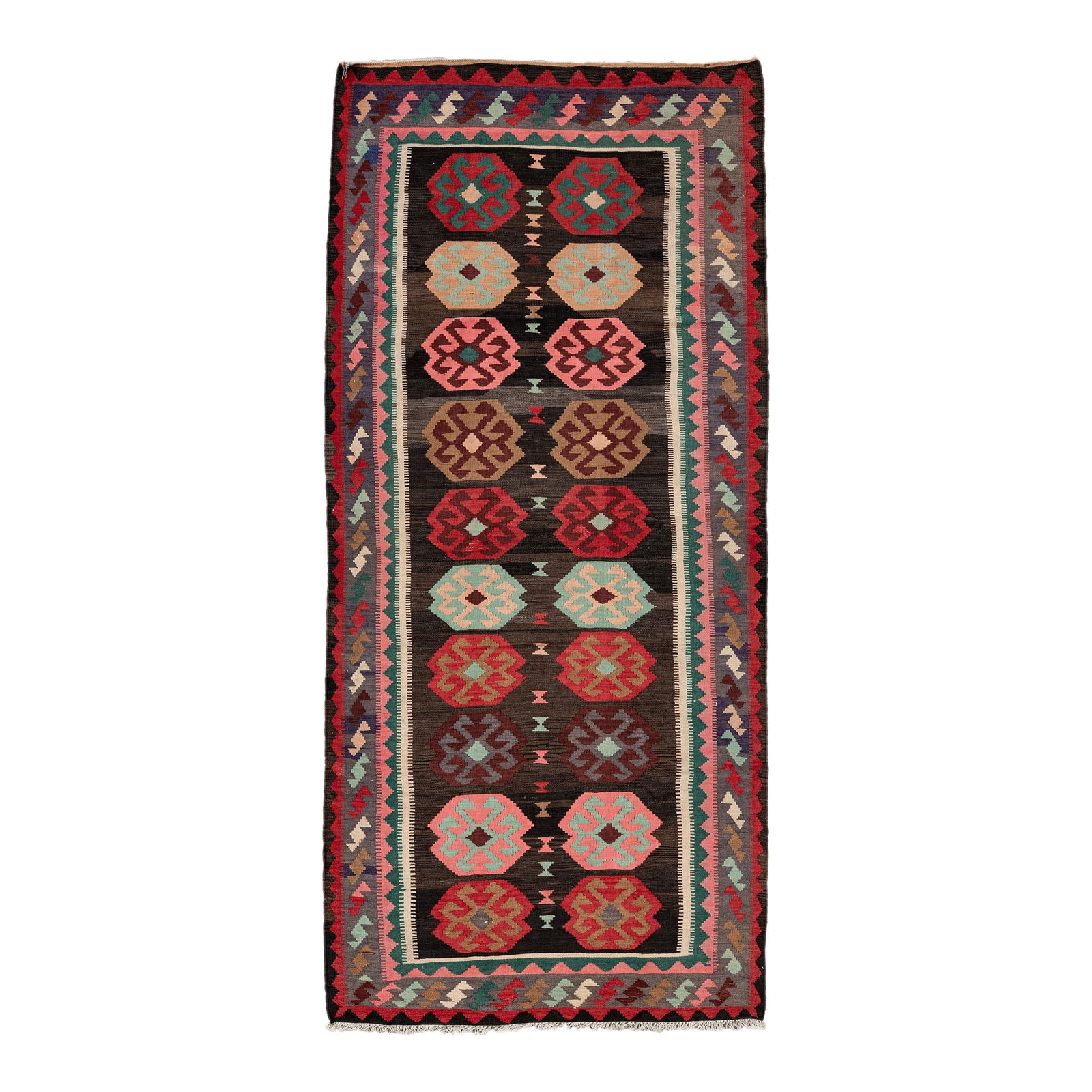 Vintage Handmade Kilim Wool Runner Multicolor Geometric Design 5'2" x 12'7": Vintage Handmade Kilim Wool Runner Multicolor Geometric Design 5'2" x 12'7" Enhance your space with this stunning vintage Kilim handmade wool runner. Featuring a vibrant multicolor field and an intric