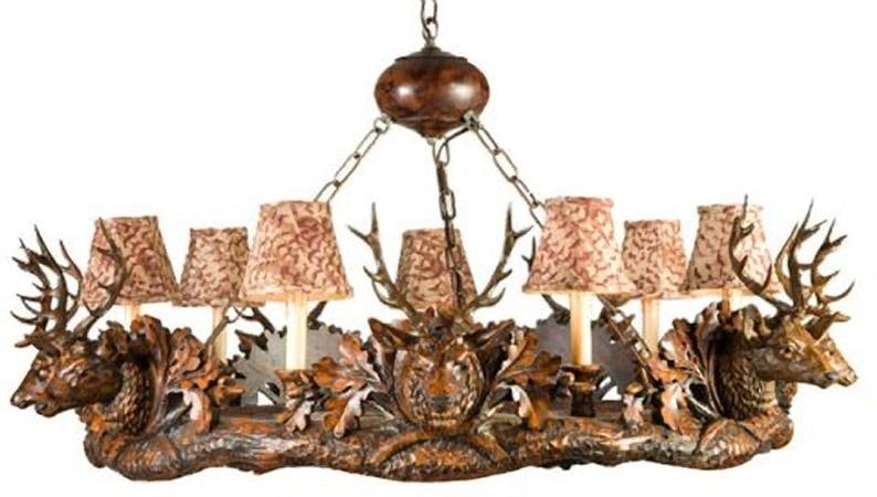 Rustic Lodge Style Bowl Chandelier with 7 Stag Accents: Rustic Lodge Style Bowl Chandelier with 7 Stag Accents Illuminate your space with this stunning Rustic Chandelier featuring exquisite stag accents. Hand-cast and hand-painted, this lodge-style bowl ch