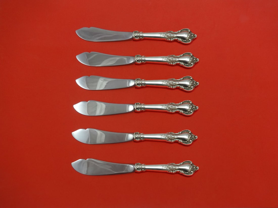 Delacourt by Lunt Sterling Silver 6pc Trout Knife Set Custom Made: Delacourt by Lunt Sterling Silver 6pc Trout Knife Set Custom Made Introducing the exquisite Delacourt by Lunt Sterling Silver Trout Knife Set, a beautifully crafted 6-piece flatware collection. This s