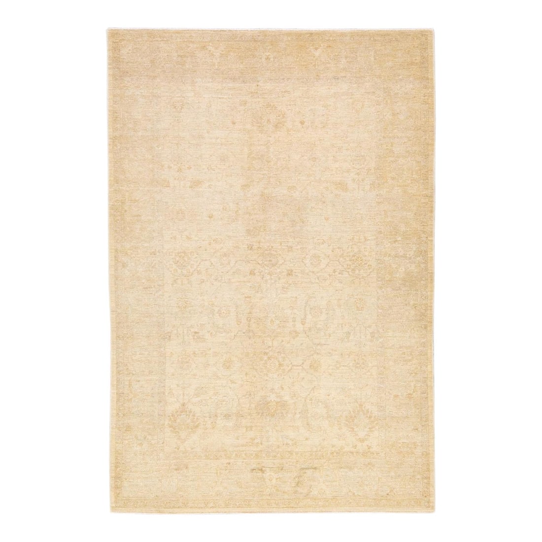 Beige Floral Oushak Hand-Knotted Wool Rug 6'1 x 9'3: Beige Floral Oushak Hand-Knotted Wool Rug 6'1 x 9'3 Enhance your home decor with this exquisite modern Oushak hand-knotted wool rug, featuring a serene beige field complemented by elegant tan accents