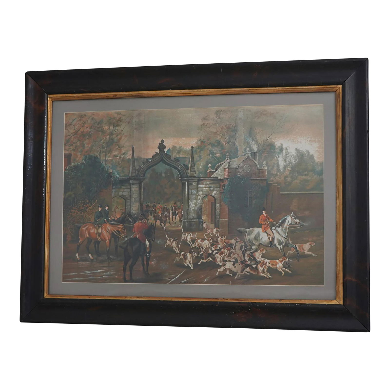 Antique Hunt Scene Framed Artwork Over 100 Years Old: Antique Hunt Scene Framed Artwork Over 100 Years Old This vintage hunt scene framed art features a decorative print set in a charming frame that is over 100 years old. The frame exhibits signs of wear
