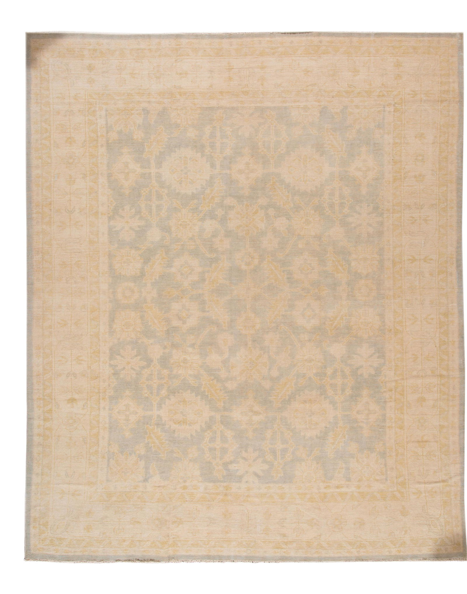 Stunning 12x15 Hand-Knotted Turkish Oushak Wool Rug: Stunning 12x15 Hand-Knotted Turkish Oushak Wool Rug Enhance your living space with this exquisite hand-knotted Turkish Oushak rug, featuring a beautiful floral design set against a rich blue backgroun