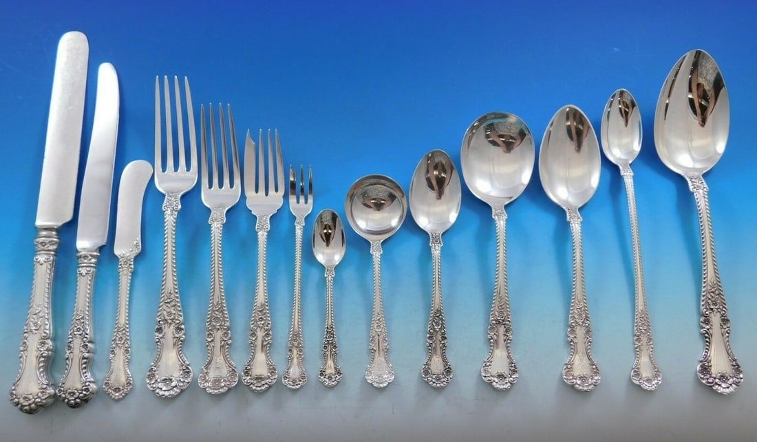 Gorham Cambridge Sterling Silver Flatware Set for 12 310 Pieces: Gorham Cambridge Sterling Silver Flatware Set for 12 310 Pieces Discover the elegance of the Cambridge pattern by Gorham, a stunning sterling silver flatware service for 12 comprising 310 pieces. This