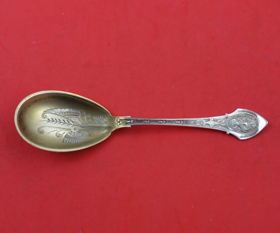 Wood and Hughes Angelo Sterling Silver Preserve Spoon Bright-Cut 6 3/8" (1 of 3)