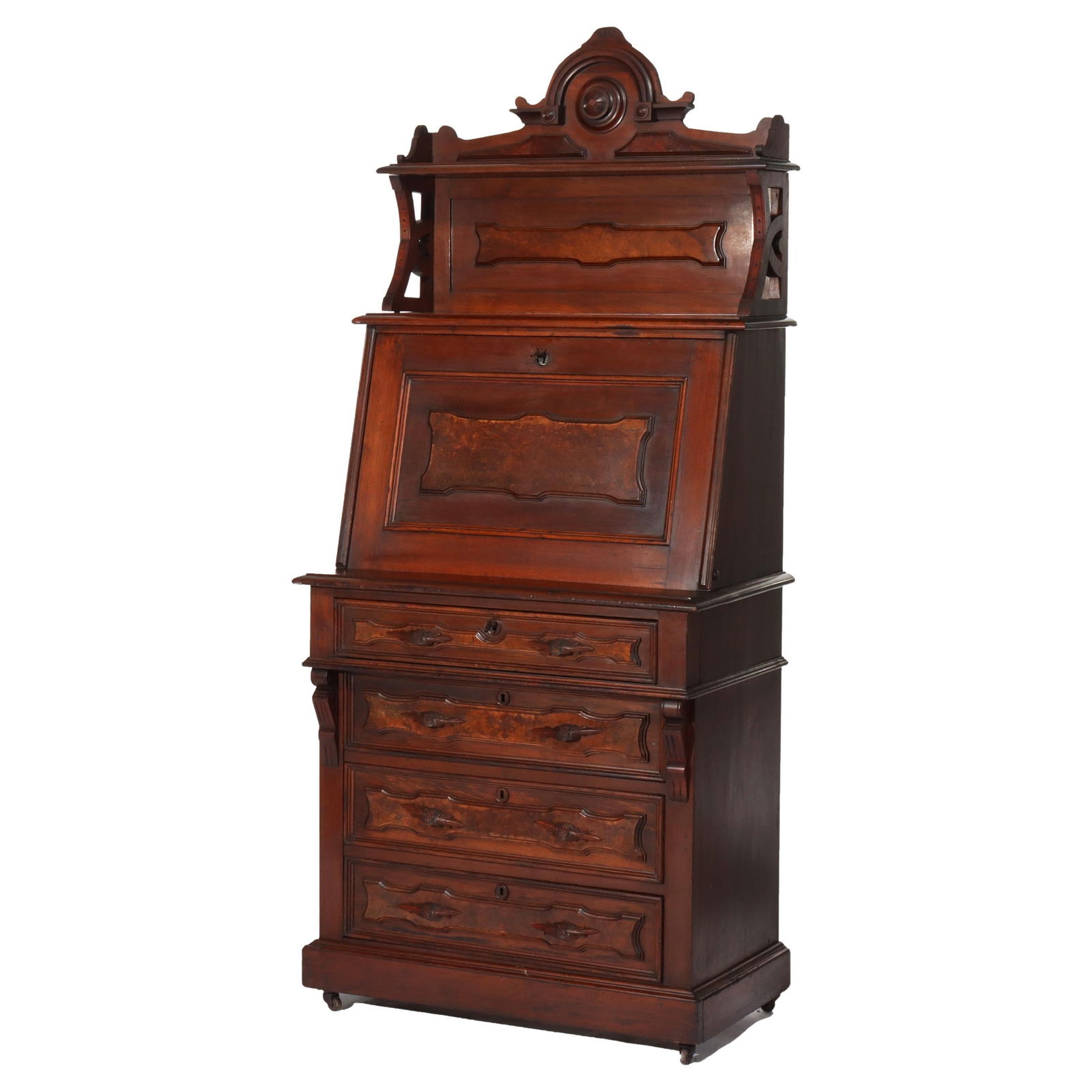 Renaissance Revival Walnut Burl Four-Drawer Drop Front Desk c1880: Renaissance Revival Walnut Burl Four-Drawer Drop Front Desk c1880 This exquisite Antique Renaissance Revival Walnut & Burl Four-Drawer Drop Front Secretary, dating to circa 1880, is a remarkable piece