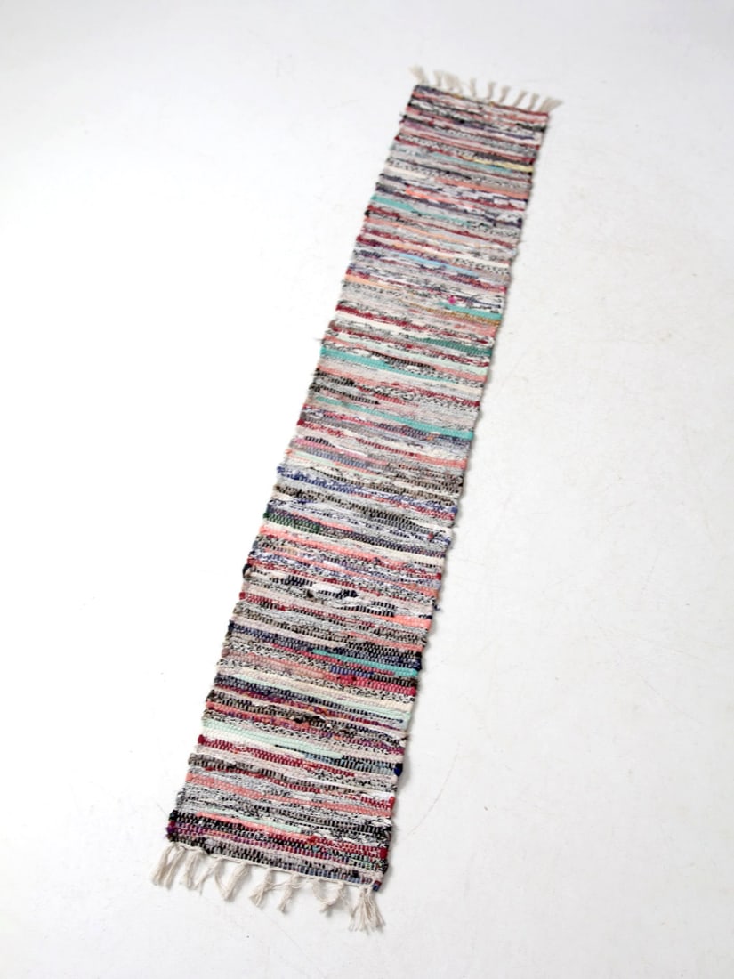 Vintage Rag Rug Runner 13.5 x 72 Black Pink Pastel Cream Fringe: Vintage Rag Rug Runner 13.5 x 72 Black Pink Pastel Cream Fringe Enhance your living space with this Vintage Farmhouse Rag Rug Runner, a perfect blend of rustic charm and functionality. This narrow, lo