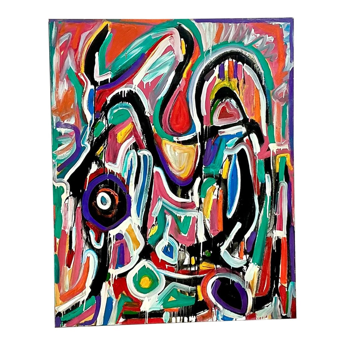 Large Red Abstract Oil Painting in Bohemian Style on Canvas 48 x 60 in: Large Red Abstract Oil Painting in Bohemian Style on Canvas 48 x 60 in This vintage boho monumental abstract oil painting features bold red hues and layered textures, blending a free-spirited bohemian